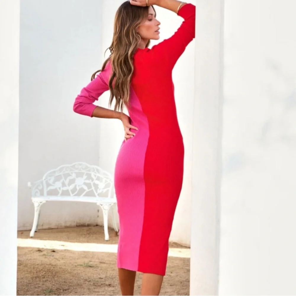 New NANETTE COLORBLOCKED MIDI DRESS IN RED - Picture 6 of 15
